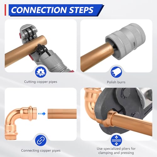 1/2" Copper Press Fittings Assortment Kit – 2 Tees, 3 Elbows, 5 Couplings |, Quick Press Copper Pipe Fittings for Plumbing Projects,10-Pack