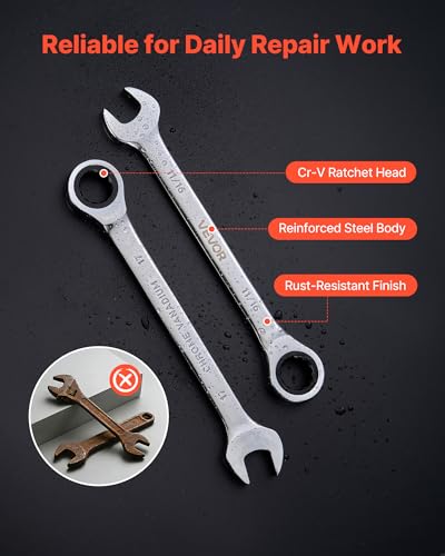 VEVOR Combination Wrench Set, 26-Piece SAE and Metric, 72 Teeth, Cr-V Steel Ratcheting Wrench Set, with Rack Organizer, Open End, Clear Size Labels, for General Household, Automotive Repairs, Silver - size: 26PCS (Metric&SAE), style: Regular
