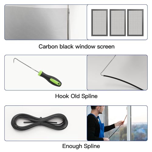 Window Screen Door Repair Kit Include Window Screens Mesh 48"x118" with All Tools in Window Screen Replacement(2pcs Screen Rollers, Screen splines, Hook, Utility Knife and Ruler), Yolovit - size: 48"x118"