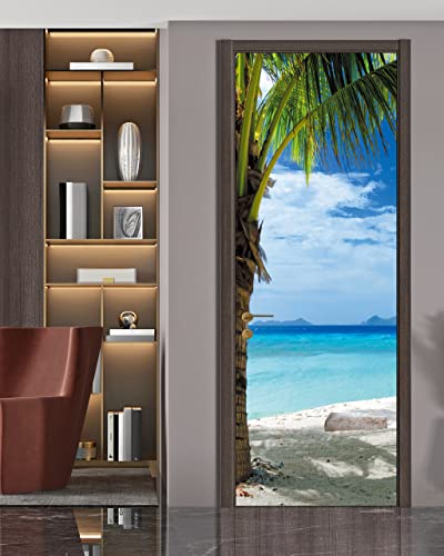 FLFK Door Decal Sticker - Beach and Palm Tree,Peel and Stick Mural,Combined Size 36"x80",Split into 2 Pieces - color: Mt2219, size: 36"x80"