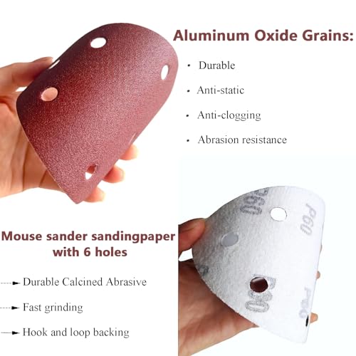 100 PCS Mouse Detail Sander Sandpaper 6 Holes, 180 Grit Hook and Loop Detail Sandpaper Aluminum 0xide Mouse Sanding Pads Triangular Sanding Sheets for Detail Mouse Sander - size: 6 Holes-180 Grit