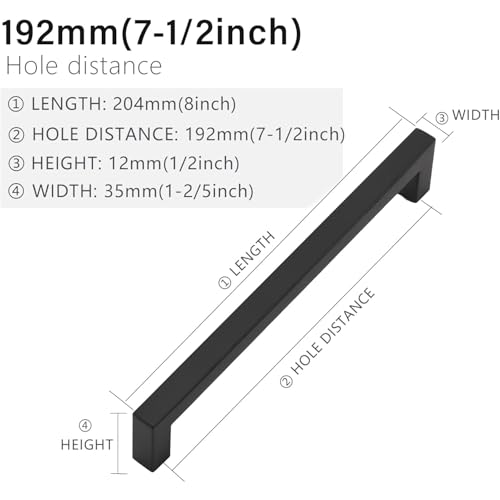 Cabinet Pulls Matte Black Cabinet Handles Square Drawer Pulls, 5 Pack 7-1/2 Inch Stainless Steel Kitchen Door Cupboard Cabinet Handles, Drawer Hardware Handles, 192mm Hole Centers - size: 7-1/2 inch Hole Centers(192mm)