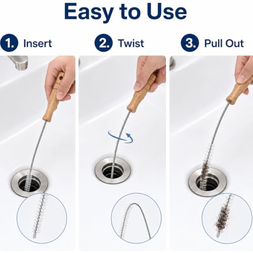 Drain Cleaning Brush, 28" Flexible Drain Cleaner Tool, Wooden Handle, 2Pack
