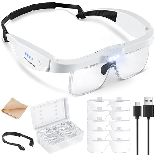 JARLINK Magnifying Glass with Light, 5 Lenses, Rechargeable Headset - color: White