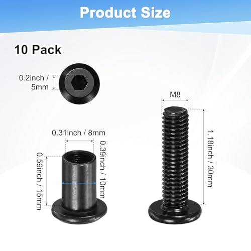 M METERXITY 10-Pack Hex Drive Socket Cap Bolt, M8 x 30mm Carbon Steel Furniture Connector Bolts Barrel Nuts for Furniture Assembly/Cabinet/DIY Binding Post Screws Rivet Fasteners [Black] - size: M8 x 30mm