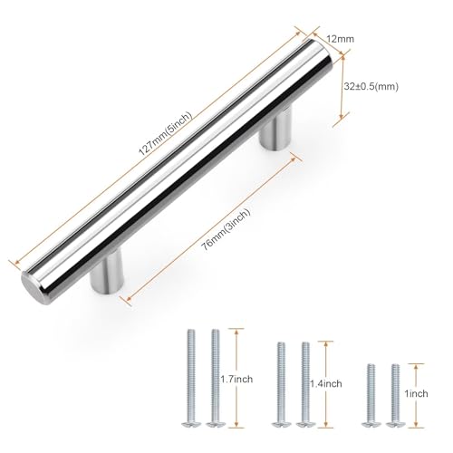 Probrico 30 Pack Hole Centers (76mm) 3inch Polished Chrome Kitchen Cabinet Handles Stainless Steel Polished Chrome Cabinet Pulls Round T Bar Pull Handle for Cabinets and Drawers Total Length 5inch - color: Polished Chrome, size: Hole Centers: 3"
