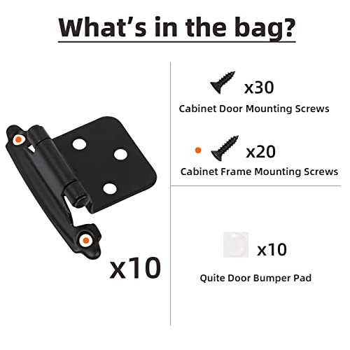Decobasics 1/2" Overlay Matte Black Cabinet Hinges (5 Pair -10 Pcs) Self Closing Bath & Kitchen Cabinet Hinges Black Flush Mount w/Door Bumpers & Upgraded Screws - color: Matte Black, size: 10 Pack