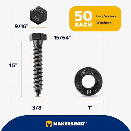 3/8 x 1-1/2 (50 Pack) Lag Screw Kit, 50 Screws and 50 Washers, Ceramic Black Ruspert Coating for Exterior Use, Meets ASTM A307 and ASME B18.2.1, Industrial/Commerical Grade by Makers Bolt - size: 3/8 x 1-1/2