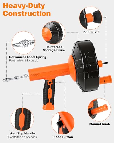 Drain Auger 33 ft, Auto Feed Plumbing Drain Snake Auger with Drill Adapter