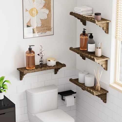 QsQueen Scalloped Wood Wall Shelf – 17 Inch Floating Shelf with Wood Brackets, Easy to Install Rustic Wall Shelf for Living Room, Bedroom, Bathroom, or Any Space - color: Brown