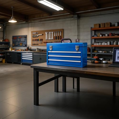 3 Drawer 20“ Metal Tool Box Portable Steel Tool Chest with Metal Latch Closure for Garage, Home and Workbench, Blue - size: 20Inch-BLUE
