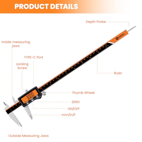 HARDELL Digital Caliper 12" USB-C Charging – Orange Display, Non-Backlit - size: 12 Inch