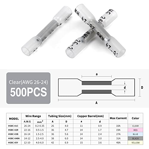 500PCS Heat Shrink Butt Wire Connectors 12-10 AWG, Insulated Waterproof Electrical Wire Connectors Automotive Marine Grade Wire Crimp Terminals Butt Splices, Ideal for Boat, Truck, Clear - size: Clear 500 PCS