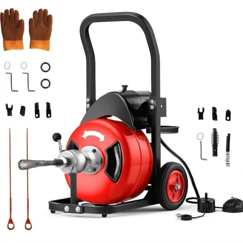 50ft x 1/2" Auto-Feed Drain Snake Cleaning Machine - 450W Electric Sewer Auger with 4 Cutters & Wheels for Sink, Toilet, Floor Drain