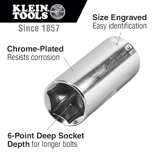 Klein Tools 65502 3/8-Inch Drive Deep Socket Wrench Set, Hinged Metal Storage Box Included, 8-Piece - size: 3/8-Inch, style: 8-Piece