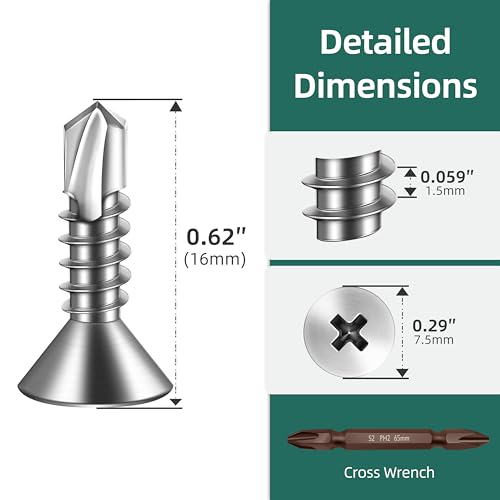 500pcs #8 x 5/8 Sheet Metal Self Tapping Screws Assortment Kit, 410 Stainless Steel Flat Head High-Strength Fast Self-Drilling Screws, Bright Finish - size: #8x5/8"