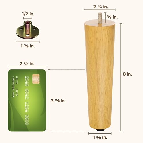 Yes4All 8 Inches Round Natural Solid Wood Furniture Legs Set of 4, Heavy Duty 800 Lbs Capacity Furniture Legs with Leveler, Replacement Legs for Furniture, Couch, Sofa, Dresser, Ottoman - color: Round Natural, size: 8 inch