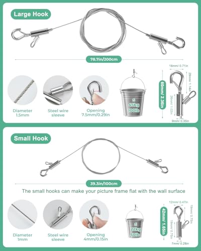 2PCS Adjustable Picture Hanging Wire 3m x 1mm Small Hooks, Picture Frame Wire Kit Heavy Duty 50lbs, Stainless Steel for Art, Mirror, Light Lamp, Billboards, Basket Flowerpot - size: 3m (9.8ft)