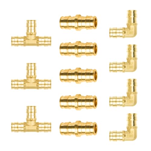 (12-Pack YVSKM) 1/2" PEX-A Fittings Set – 3 Tee, 4 Elbow, 5 Coupling, Lead-Free Brass Full Flow Connector, ASTM F1960 & cUPC Certified for Residential Hot & Cold Water and Radiant Heating Systems - size: 1/2 Inch 12-Pack