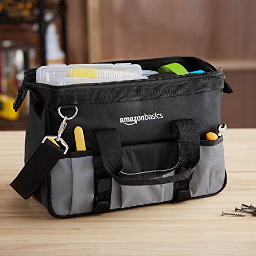 Amazon Basics Durable Wear-Resistant Tool Storage Bag with Adjustable Shoulder Strap, Portable Tool Organizer, 16 Pockets, 12 in, Black & Gray - size: Small Standard Bag