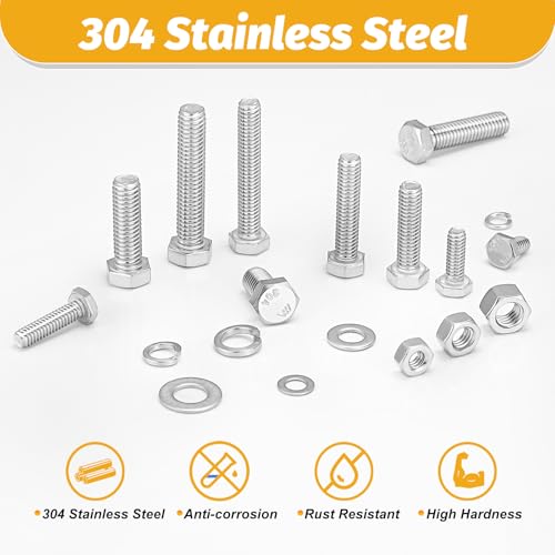 Kadrick 272Pcs 18-8(304) Stainless Steel Hex Bolts Assortment,1/4-20 5/16-18 3/8-16 Heavy Duty Bolts and Nuts Kit, Assorted SAE Bolts Nuts Flat&Lock Washers,Lenth Form 1/2''-2'' - size: 272Pcs SAE HEX Stainless