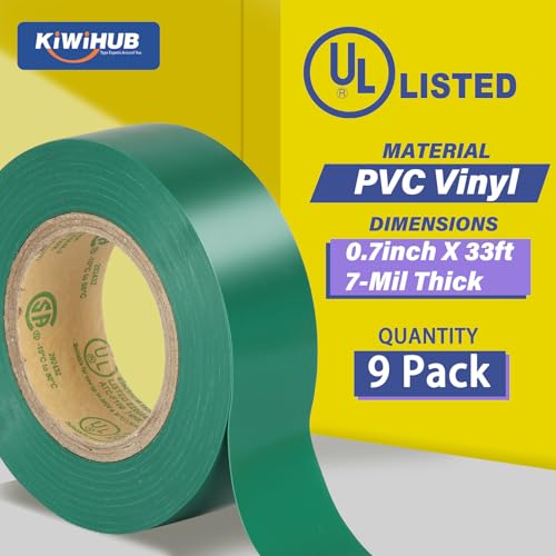 Green Electrical Tape, UL Approved, 0.7in x 33ft, 9 Pack - color: Green