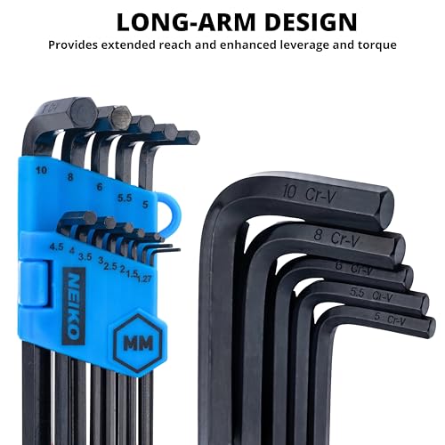 NEIKO 01100A Metric Allen Wrench Set, 13 Piece Ball End Hex Key Set, Long Allen Keys 1.27mm to 10mm Hex Wrench Set for Bike Bicycle Repair, Black Oxide Chrome Vanadium, Hanging Storage Case - size: Metric - 13pc