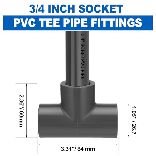6 pack Schedule 80 PVC Pipe Fitting Tee, 3/4" Socket, Compatible with 801 Series, Heavy Duty Gray PVC Tee for Industrial, Irrigation & Plumbing Applications - size: 3/4"socket