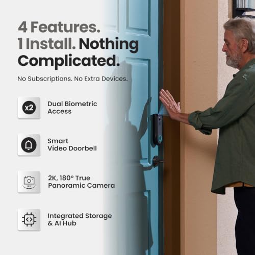 Lockin Veno Pro Smart Deadbolt Lock with Dual Swappable Batteries for 6-Month Extended Power, Palm Vein & Fingerprint Keyless Entry, Built-in Wi-Fi, Doorbell, App Remote Control, IP65 Waterproof - size: Dual Batteries, style: Palm Vein+32G Local Storage