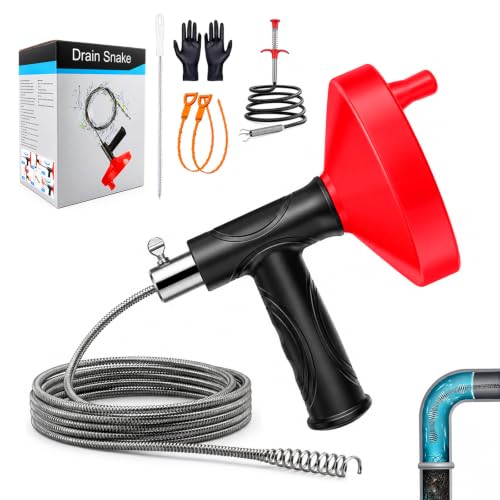 Drain Snake Auger, 33 FT Plumbing Snake Drain Hair Clog Removal Tool, Heavy Duty Snake Auger, Sink Unclogger Drain Cleaner Tool for Bathroom Kitchen Tub Shower Drain Clog Remover with Gloves, Red
