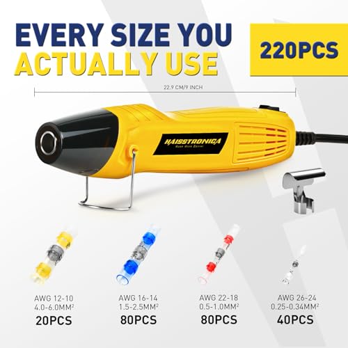 haisstronica 220PCS Solder Seal Connector Kit, 350W Heat Gun, AWG 26-10 | Clear Sleeves, 2 Heat Settings, Focused Nozzle, 4 Color-Coded Sizes, Mini Heat Gun, Tight-Space Repairs - size: 220PCS