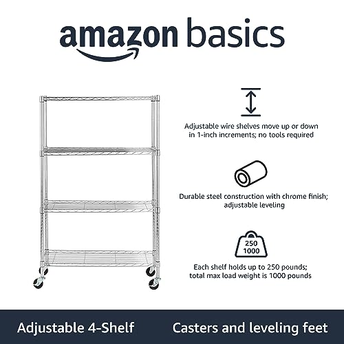 Amazon Basics 4-Shelf Adjustable Heavy Duty Storage Shelving Unit with Wheels, No-Tool Easy Assembly, Garage Shelving, Metal Wire Rack with Casters and Leveling Feet, 36" x 14" x 57.8", Chrome - color: Chrome, size: 36" L x 14" W x 57.75" H, style: 4 -She