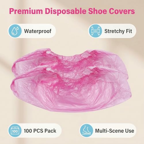 50Pairs/100PCS Disposable Plastic Anti-Slip Shoe Covers- Overshoes Carpet Protection Floor Protectors (Pink)