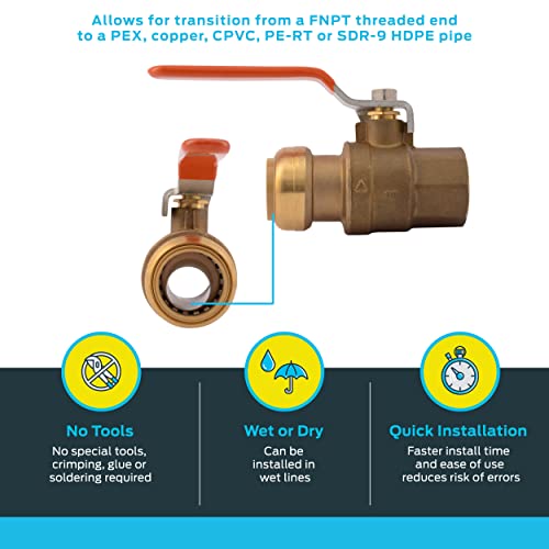 SharkBite 1 x 1 Inch Ball Valve with FNPT Connector, Push to Connect Brass Plumbing Fitting, PEX Pipe, Copper, CPVC, PE-RT, HDPE, 22187-0000LF - size: 1 in. x 1 in., style: SharkBite