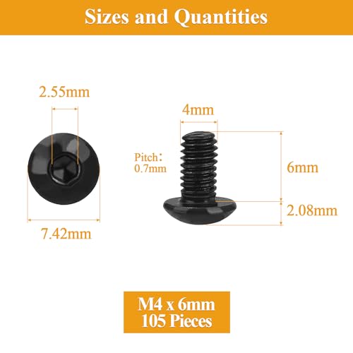 105 Pieces M4 x 6mm Button Head Socket Cap Screws, Thread Pitch 0.7mm, Sutemribor M4 Black Screws, 10.9 Grade Alloy Steel, Black Oxide Finish, Fully Threaded - size: M4 x 6mm, style: Button Head