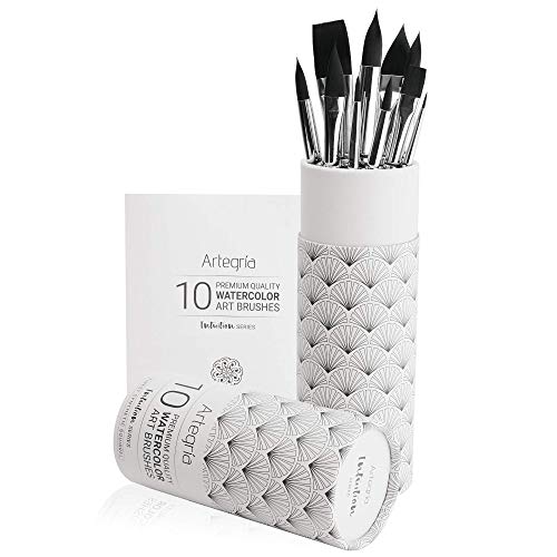 ARTEGRIA Watercolor Brush Set, 10 Soft Synthetic Squirrel Brushes - color: Black - 10pcs