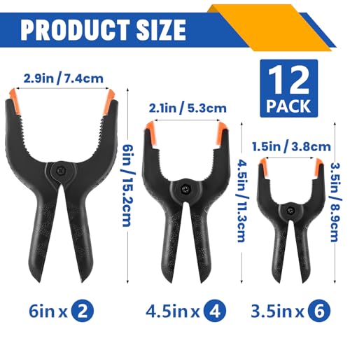 12 Pack Plastic Spring Clamps Set, 3 Sizes of Spring Clips - size: 3.5in,4.5in,6in-12P
