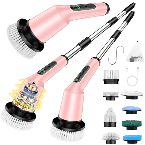 Electric Spin Scrubber for Bathroom, Shower Scrubber with Long Handle - color: Pink, size: 8 Brush Heads