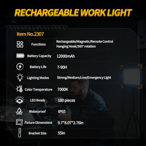 12000mAh Rechargeable LED Work Light with Stand,Magnetic Base & Remote