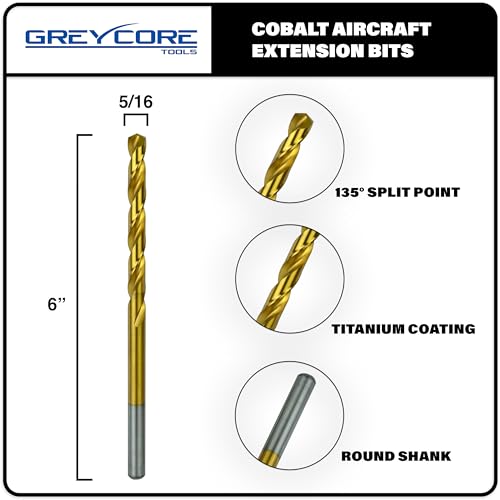Greycore Tools 5/16 Inch x 6 Inch Cobalt Aircraft Extension Bit – 2 Pack M35 Cobalt Drill Bit, Industrial Titanium Coating – Drill Bits for Steel, Hard Metal, Cast Iron, Wood, Plastic (5/16" x 6") - size: 5/16" x 6", style: 6" Length