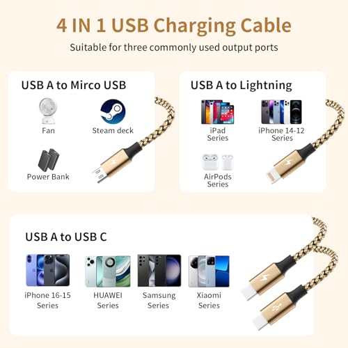 4 in 2 Multi Charging Cable, USBA/C Universal Charging Cords 2 Pack 5FT - color: Gold