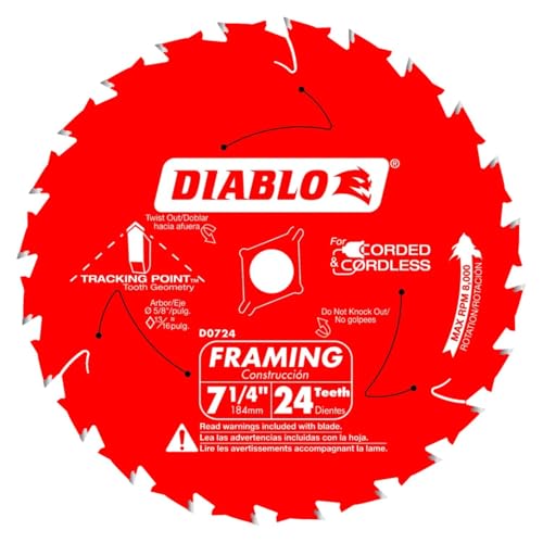 Diablo Framing Saw Blade with Perma-Shield - 2-Pack Tracking Point Tooth Design for Efficient Cutting - 7-1/4" x 24-Tooth - D0724A - size: 5/8" Arbor x 7-1/4" Dia (2 Pack)