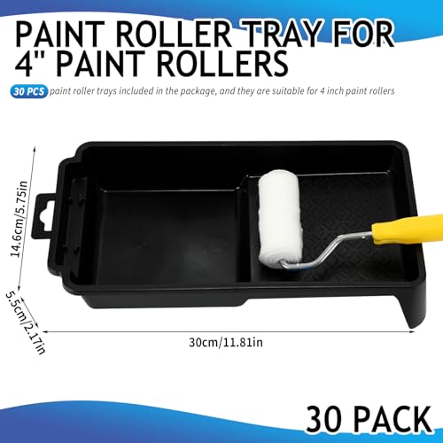 Geelin 30 Pcs Paint Roller Trays 4" Reusable Small Plastic Paint Roller Tray Durable Deep Ribbed Textured Paint Roller Pan for DIY Wall Painting, Black