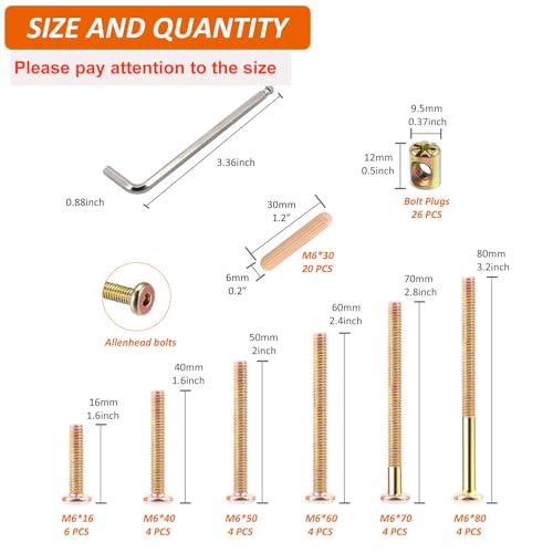 Crib Screws Hardware Replacement Kit - 26 Set Baby Bed Frame Bolts,Barrel Nuts&Wooden Dowel Pins Set - M6x16/40/50/60/70/80 mm Hex Drive Socket Cap Screws Nuts for Beds Headboards Chairs Furniture - size: 26 Set-6 size