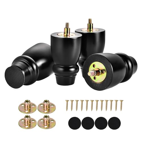 Maricome 4 inch Wood Furniture Legs Bun Feet Set of 4 Predrilled M8 Bolt Black Wooden Replacement Legs for Chair Dresser - color: 4 Inch Black