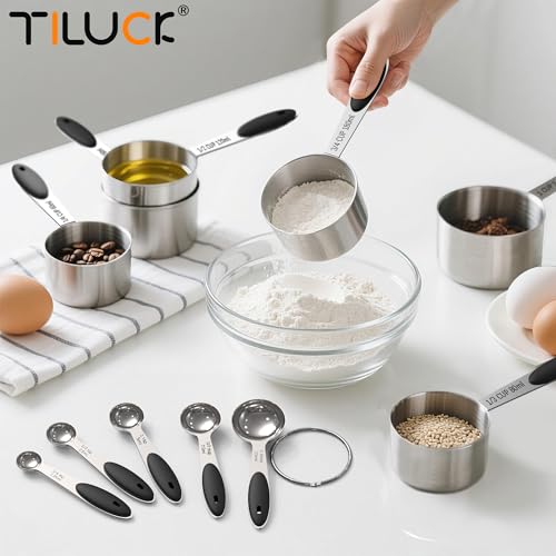 TILUCK Stainless Steel Measuring Cups and Spoons Set with Silicone Handle – Nesting Design for Space-Saving, Heavy Duty & Dishwasher Safe for Dry/Liquid Ingredients, Cooking & Baking (10)