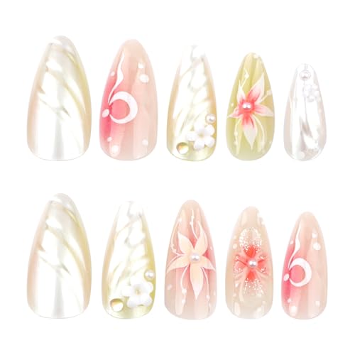 3D Handmade Spring & Summer Pink Press On Nails Almond Medium 24 Pcs, 3D Flowers Designer Reusable Acrylic Fake Nails with Glue, Party And Daily wear Nails for Women Gift - color: LF-3520, size: 24 Pieces (Pack of 1)
