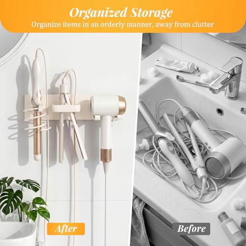 Hair Dryer Holder Wall Mount No Drill, 3 in 1 Curling Iron Holder & Flat Iron Holder, Heat Resistant Bathroom Hair Tool Organizer, White - style: Hook style