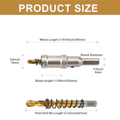 3/4'' TCT Hole Saw Kit Tungsten Carbide Tipped Hole Saw Drill Bit with Titanium-Plated Pilot Drill bit for Metal, Stainless Steel, Iron (19MM) - size: 19MM | 3/4''