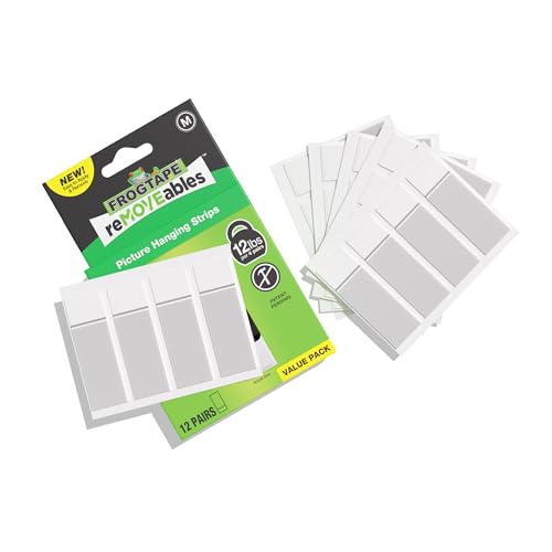 FrogTape reMOVEables Medium Picture Hanging Strips, Damage-Free Removable Adhesive Wall Strips, Picture Hangers, Stick On Wall Mounting for Frames, Canvas, Home Décor, White, 12 Pairs (24 Pieces) - size: 12 Pairs (Pack of 2), style: Medium